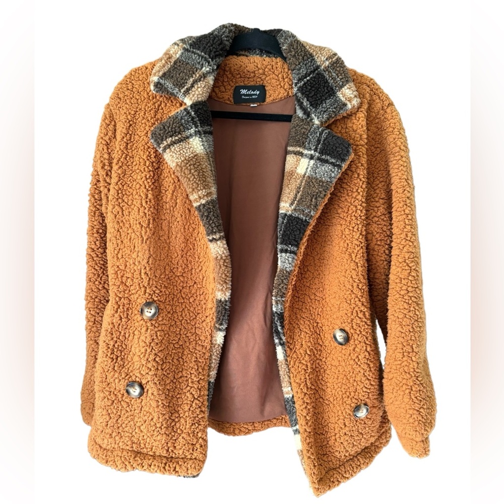 Melody Sherpa Teddy Jacket Open Front Rust Brown Plaid Women’s Size Small